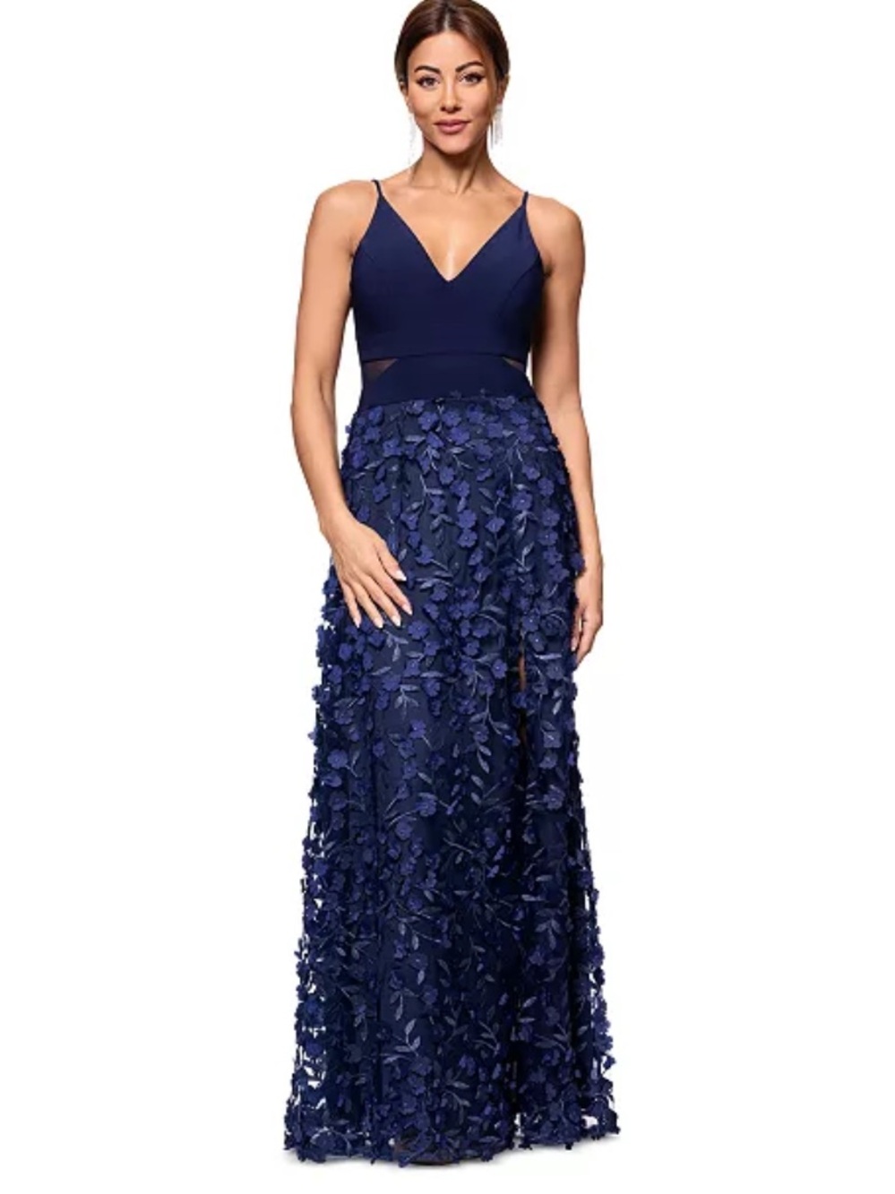 Xscape Navy Blue 3D Floral Appliqué Evening Gown Formal Dress Size 10 NWT